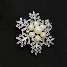 Load image into Gallery viewer, Jewelblings Winter Holiday Jewelry Buaguette Cut CZ Cluster Mother of Pearls Snowflake Brooch Snow Flower Pin or Women Coat Dressy Clothes
