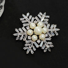 Load image into Gallery viewer, Jewelblings Winter Holiday Jewelry Buaguette Cut CZ Cluster Mother of Pearls Snowflake Brooch Snow Flower Pin or Women Coat Dressy Clothes
