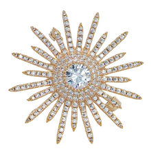 Load image into Gallery viewer, Shinny Gold Tone Micro Pave CZ Round Starburst Pin Brooches Collar Lapel Atomic Jewelry
