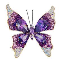 Load image into Gallery viewer, Sparkling Purple Butterfly Brooch Pin with Aurora Borealis Accent
