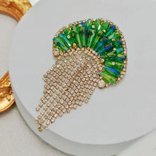 Load image into Gallery viewer, Excellent Green AB Rhinestone Jellyfish Fringe Tassel Brooch Medusa Pin Tropical Beach Jewelry
