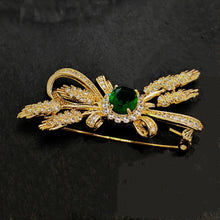Load image into Gallery viewer, Jewelbings Designer Fashion Green Stone Centered Wheat Ears &amp; Ribbon Bow Brooch Pin Bowknot Jewelry for Garden Harvest Wedding Guest Party
