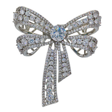 Load image into Gallery viewer, Jewelblings Victorian Vintage Silvertone Open Round Stone Domed 4-prong Studded Clear CZ Bow Brooch Bowtie Pins Chic European Bridal Jewelry
