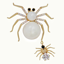 Load image into Gallery viewer, Jewelblings Stunning Designer Black Spider and White Mother of Pearl Spider Brooches and Pins Halloween Witch Costume Hat Insect Jewelry
