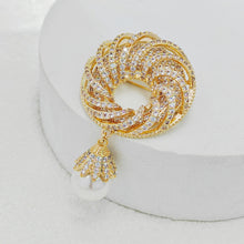 Load image into Gallery viewer, Jewelblings Exotic Elegant Style Goldtone Round Circlet and Mother of Pearl Drop Brooches Pins for Women Sweater Scarf Shawl Bag Hat Jewelry
