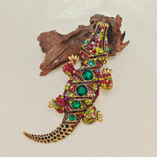Load image into Gallery viewer, Jewelblings Antique Green Stone Deco Multi Color Crystal Rhinestone Big Crocodile Broaches Pins Monster Reptile Jewelry
