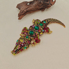 Load image into Gallery viewer, Jewelblings Antique Green Stone Deco Multi Color Crystal Rhinestone Big Crocodile Broaches Pins Monster Reptile Jewelry
