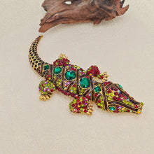Load image into Gallery viewer, Jewelblings Antique Green Stone Deco Multi Color Crystal Rhinestone Big Crocodile Broaches Pins Monster Reptile Jewelry
