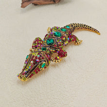 Load image into Gallery viewer, Jewelblings Antique Green Stone Deco Multi Color Crystal Rhinestone Big Crocodile Broaches Pins Monster Reptile Jewelry
