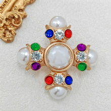 Load image into Gallery viewer, Jewelblings Baroque Vintage Style Colored Stone Accent Imitated Pearl Cross Brooch Pin Religious Jewelry
