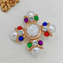 Load image into Gallery viewer, Jewelblings Baroque Vintage Style Colored Stone Accent Imitated Pearl Cross Brooch Pin Religious Jewelry
