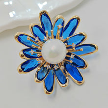 Load image into Gallery viewer, Pretty Imitated Pearl and Blue Crystal Flower Brooch Pin Gift Jewelry
