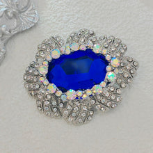 Load image into Gallery viewer, Stunning Iridescent Crystal Surrounded Blue Oval Flower Brooches Pins Costume Jewelry
