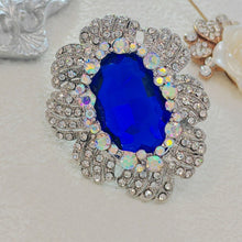 Load image into Gallery viewer, Stunning Iridescent Crystal Surrounded Blue Oval Flower Brooches Pins Costume Jewelry
