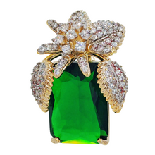 Load image into Gallery viewer, Vase-Shaped Brooch with Gold Tone Flower Design – Transparent Simulated Zircon Stamen and Green Square Center Stone – Elegant Square Pin for Women
