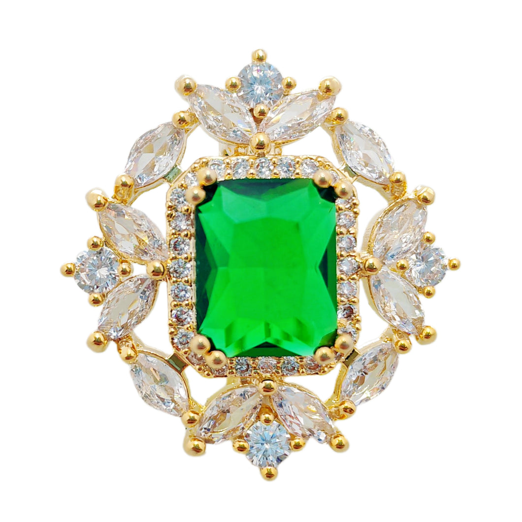 Elegant Collar Pin with Green Center Stone Surrounded by Transparent Simulated Zircons – High-End Luxury Pin for Women