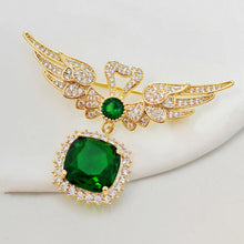 Load image into Gallery viewer, Angel Wings Brooch with Green Square Pendant – Elegant Gold-Tone Copper Pin – Stylish and Graceful Jewelry for Women

