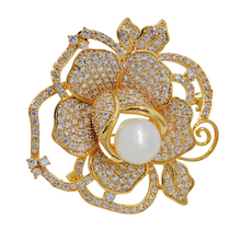 Load image into Gallery viewer, Classic Rose Brooch with Simulated Pearl Micro Pave Detailing – Noble and Elegant Gold Tone
