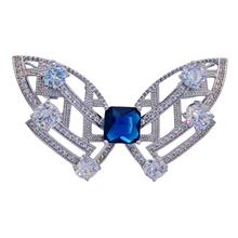 Load image into Gallery viewer, Modern Art-Inspired Butterfly Geometric Brooch Pins with Blue Stone – Silver-White Bow Design
