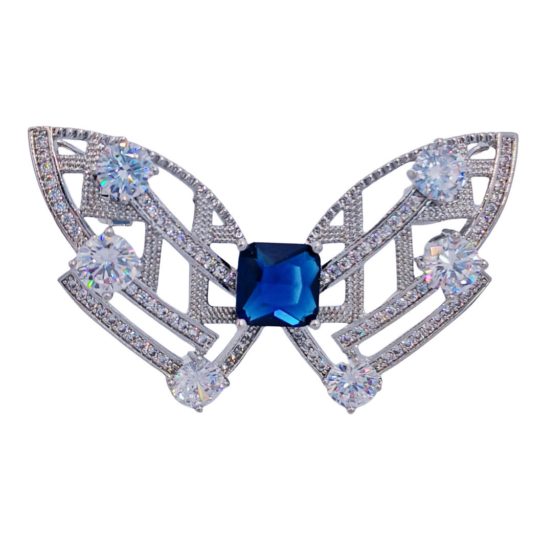 Modern Art-Inspired Butterfly Geometric Brooch Pins with Blue Stone – Silver-White Bow Design