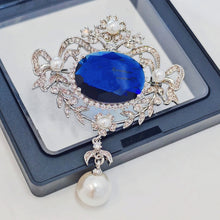 Load image into Gallery viewer, Oval Blue Main Stone Pendant Brooch – Courtly Vintage Design with Elegant Simulated Pearl Accents and Regal Touch
