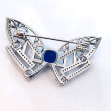 Load image into Gallery viewer, Modern Art-Inspired Butterfly Geometric Brooch Pins with Blue Stone – Silver-White Bow Design
