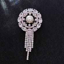 Load image into Gallery viewer, Round Tassel Pendant Brooch – Simulated Pearl Center with Surrounding Large Clear Stones Silver Tone
