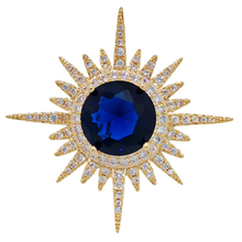 Load image into Gallery viewer, Shiny CZ Sunburst Brooch Pin, Deep Blue Center Stone, Gold Tone with Rhinestones

