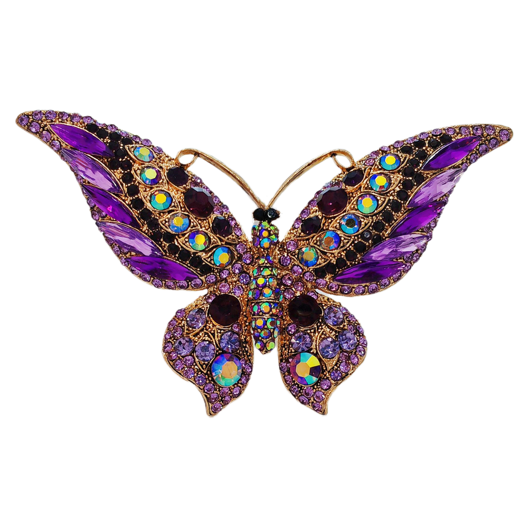 Vintage Crystal Butterfly Brooch Pin, Purple and Amethyst with Gold-Tone Finish, Iridescent Rhinestone Detail