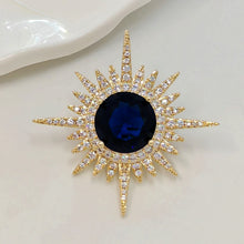 Load image into Gallery viewer, Shiny CZ Sunburst Brooch Pin, Deep Blue Center Stone, Gold Tone with Rhinestones

