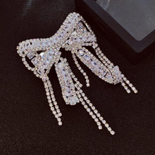 Load image into Gallery viewer, Crystal Bow Brooch Pin with Dangling Chains, Silver-Tone, CZ&amp;Rhinestone Encrusted
