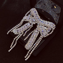 Load image into Gallery viewer, Crystal Bow Brooch Pin with Dangling Chains, Silver-Tone, CZ&amp;Rhinestone Encrusted
