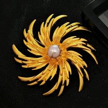 Load image into Gallery viewer, Elegant Gold - toned Sunflower - inspired Brooch with Pearl Centerpiece
