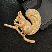 Load image into Gallery viewer, Adorable Gold - toned Squirrel Brooch on Branch with Red - eyed Detail
