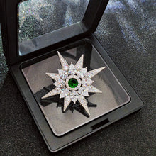 Load image into Gallery viewer, CZ Starburst Brooch Pin, Green Center Stone, Silver-Tone
