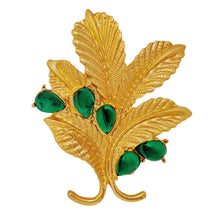 Load image into Gallery viewer, Mid-Century Vintage Green Stone &amp; Gold Leaf Brooch Pin Statement Thistle Jewelry
