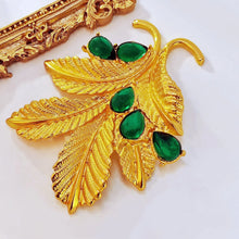 Load image into Gallery viewer, Mid-Century Vintage Green Stone &amp; Gold Leaf Brooch Pin Statement Thistle Jewelry

