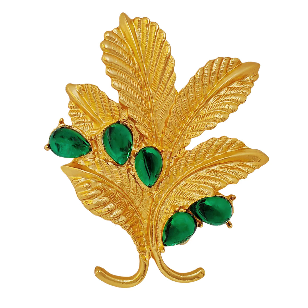 Mid-Century Vintage Green Stone & Gold Leaf Brooch Pin Statement Thistle Jewelry