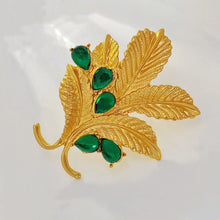 Load image into Gallery viewer, Mid-Century Vintage Green Stone &amp; Gold Leaf Brooch Pin Statement Thistle Jewelry
