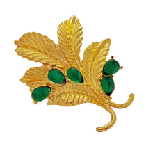 Load image into Gallery viewer, Mid-Century Vintage Green Stone &amp; Gold Leaf Brooch Pin Statement Thistle Jewelry
