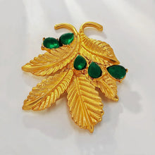 Load image into Gallery viewer, Mid-Century Vintage Green Stone &amp; Gold Leaf Brooch Pin Statement Thistle Jewelry
