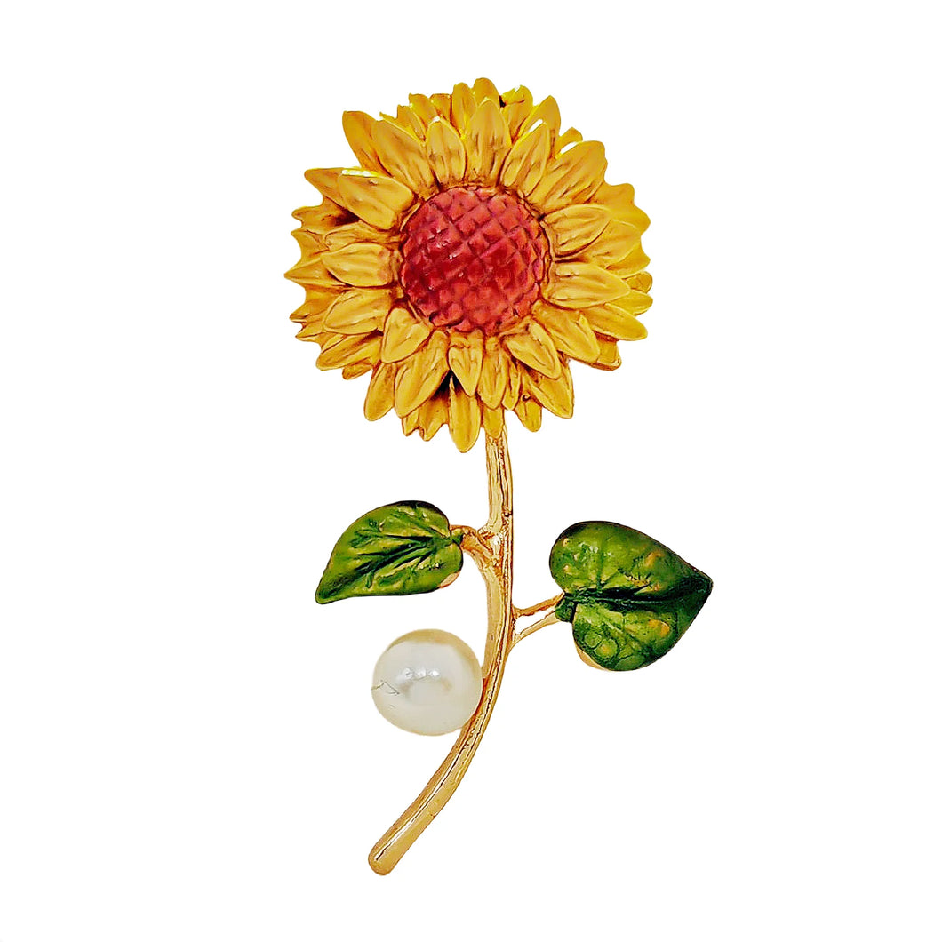 Nature Inspiration Matte Effect Eaneml Sunflower Brooch Pin with Pearl