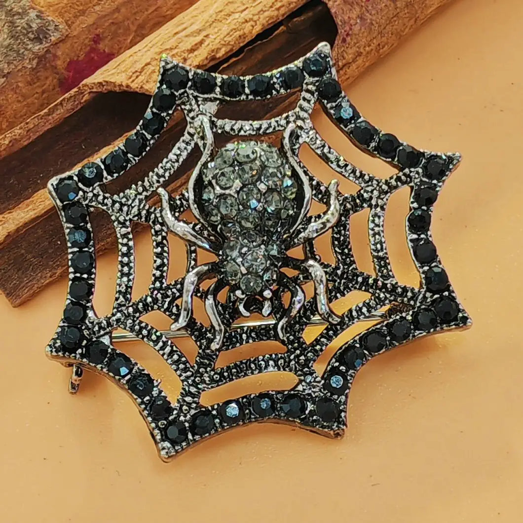 Punk Style Black Crystal Halloween Spider Web Brooch Crystal Insect Pin