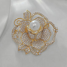 Load image into Gallery viewer, Classic Rose Brooch with Simulated Pearl Micro Pave Detailing – Noble and Elegant Gold Tone
