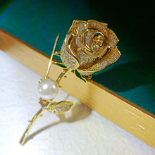 Load image into Gallery viewer, Romance Long Stem Golden Zircon Rose Bud Brooch Pin Gift Jewelry
