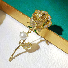 Load image into Gallery viewer, Romance Long Stem Golden Zircon Rose Bud Brooch Pin Gift Jewelry
