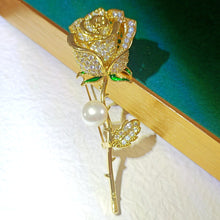 Load image into Gallery viewer, Romance Long Stem Golden Zircon Rose Bud Brooch Pin Gift Jewelry

