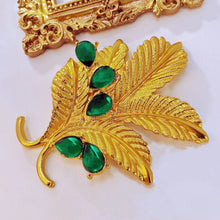 Load image into Gallery viewer, Mid-Century Vintage Green Stone &amp; Gold Leaf Brooch Pin Statement Thistle Jewelry
