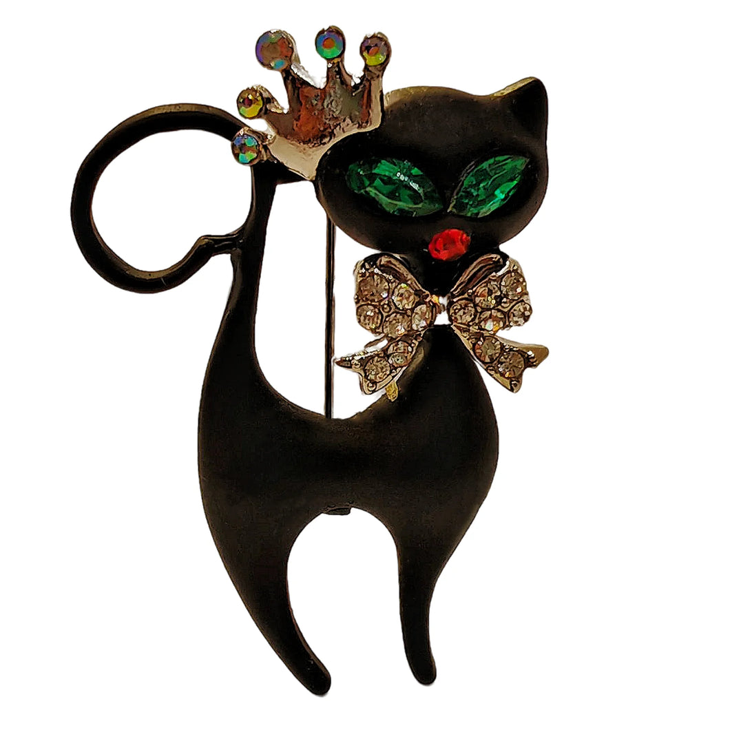 Gorgeous Green Eyes Black Enamel Princess Kitty with Bowtie Brooch Cat Pin