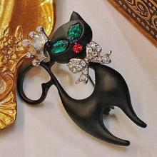 Load image into Gallery viewer, Gorgeous Green Eyes Black Enamel Princess Kitty with Bowtie Brooch Cat Pin
